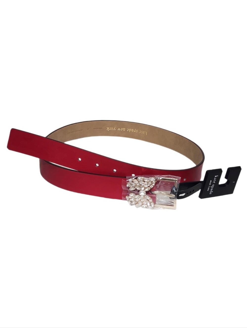 Kate Spade New York Leather Belt Rhinestone Butterfly Flower Metal Buckle Red S